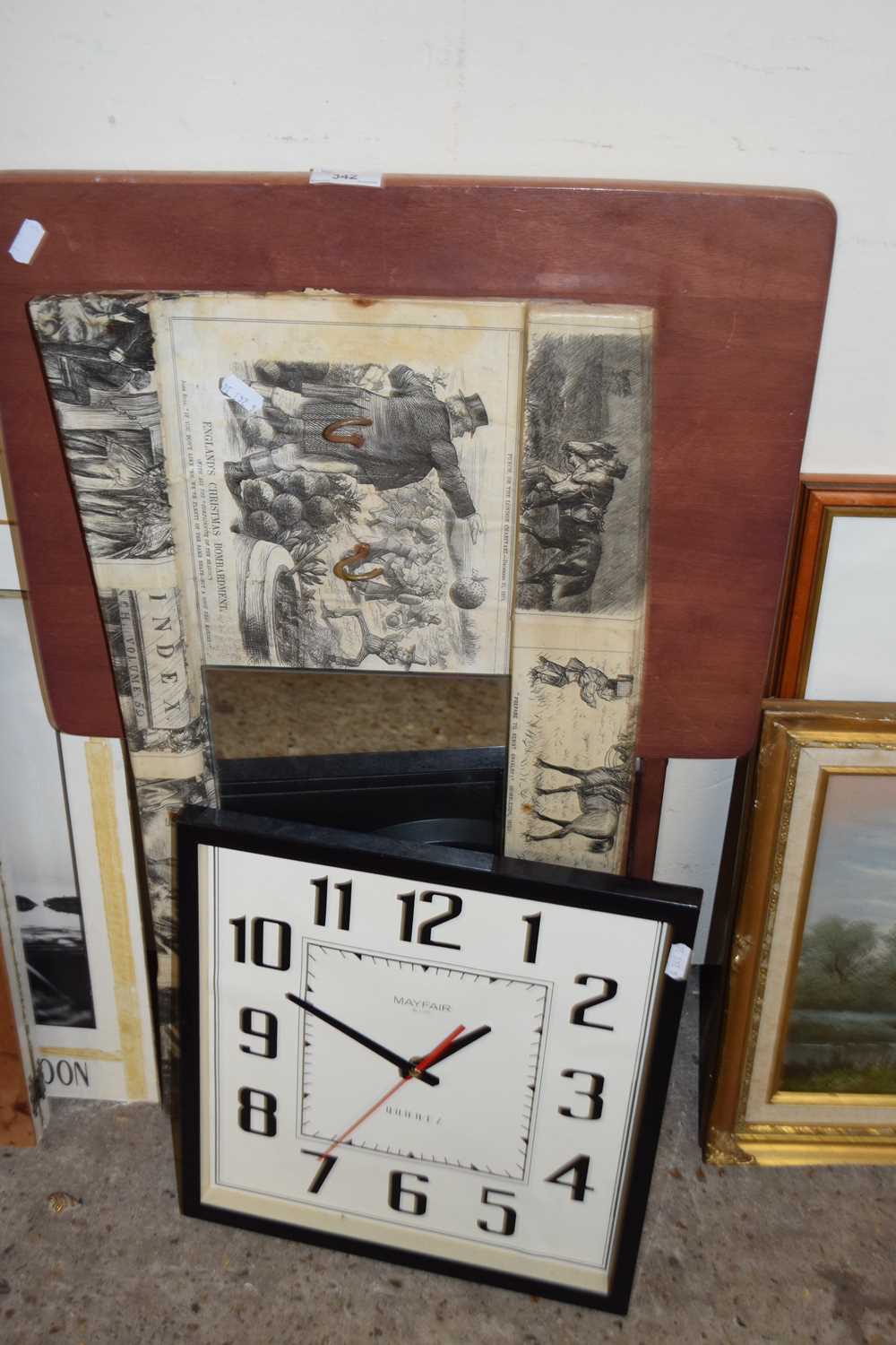 Mixed Lot: Folding dressing table mirror, coat rack, folding table, metal calendar board, wall clock