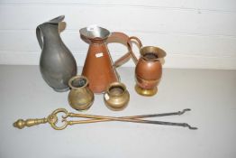 Mixed Lot: Various copper, brass and pewter jugs, fire tongs etc