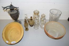 Mixed Lot: Glass jars, oil lamp base, small sauce jugs etc