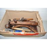 Box of woodworking planes, spokeshave and other assorted tools