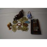 Mixed Lot: Various items to include a 19th Century desk stand, horse brasses, brass plaques,