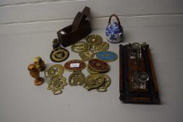 Mixed Lot: Various items to include a 19th Century desk stand, horse brasses, brass plaques,