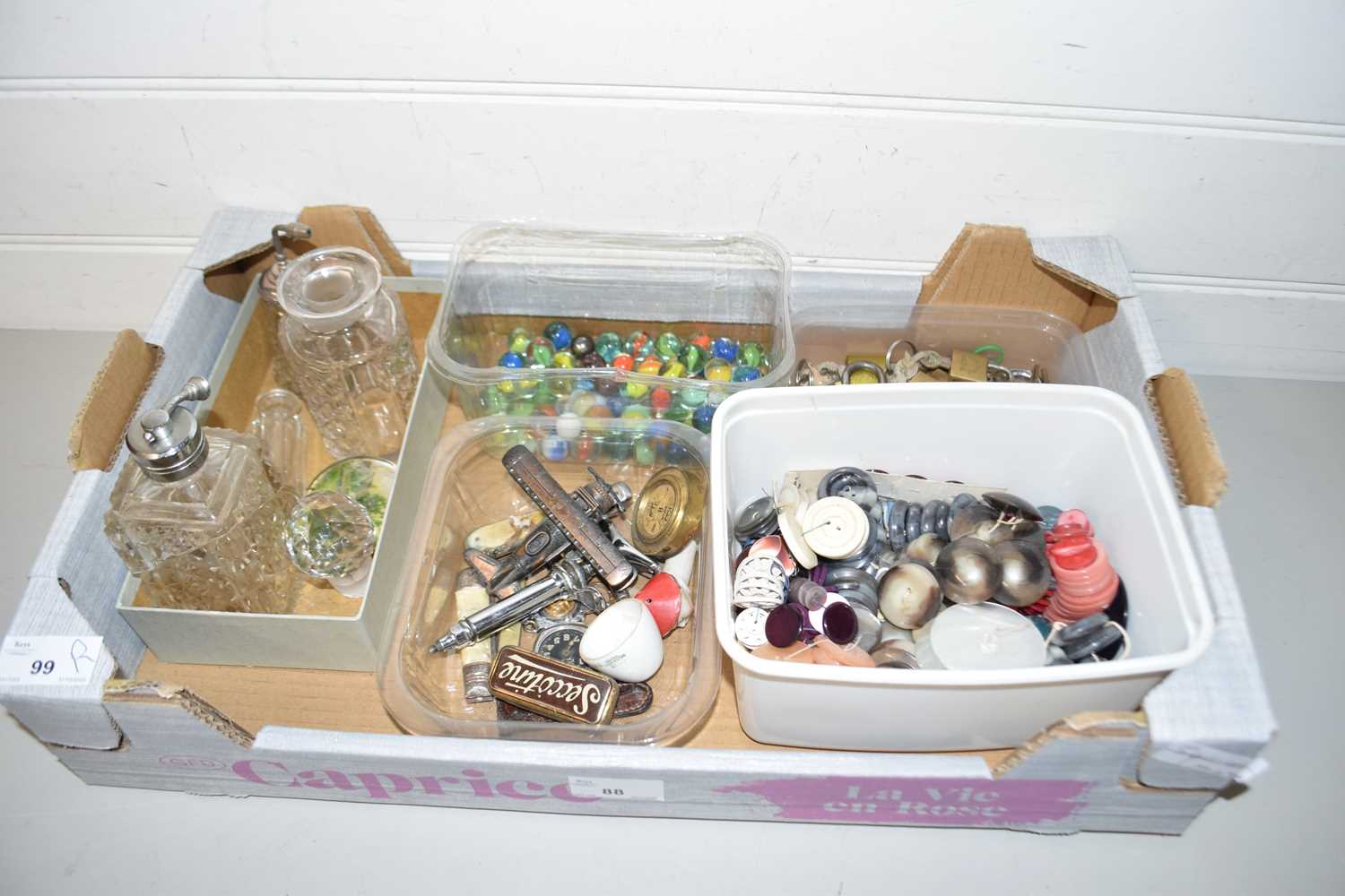Mixed Lot: Assorted buttons, dressing table jars, small padlocks etc