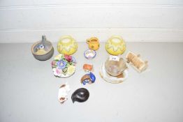 Mixed Lot: Various assorted ornaments, porcelain flowers, pair of yellow glass vases