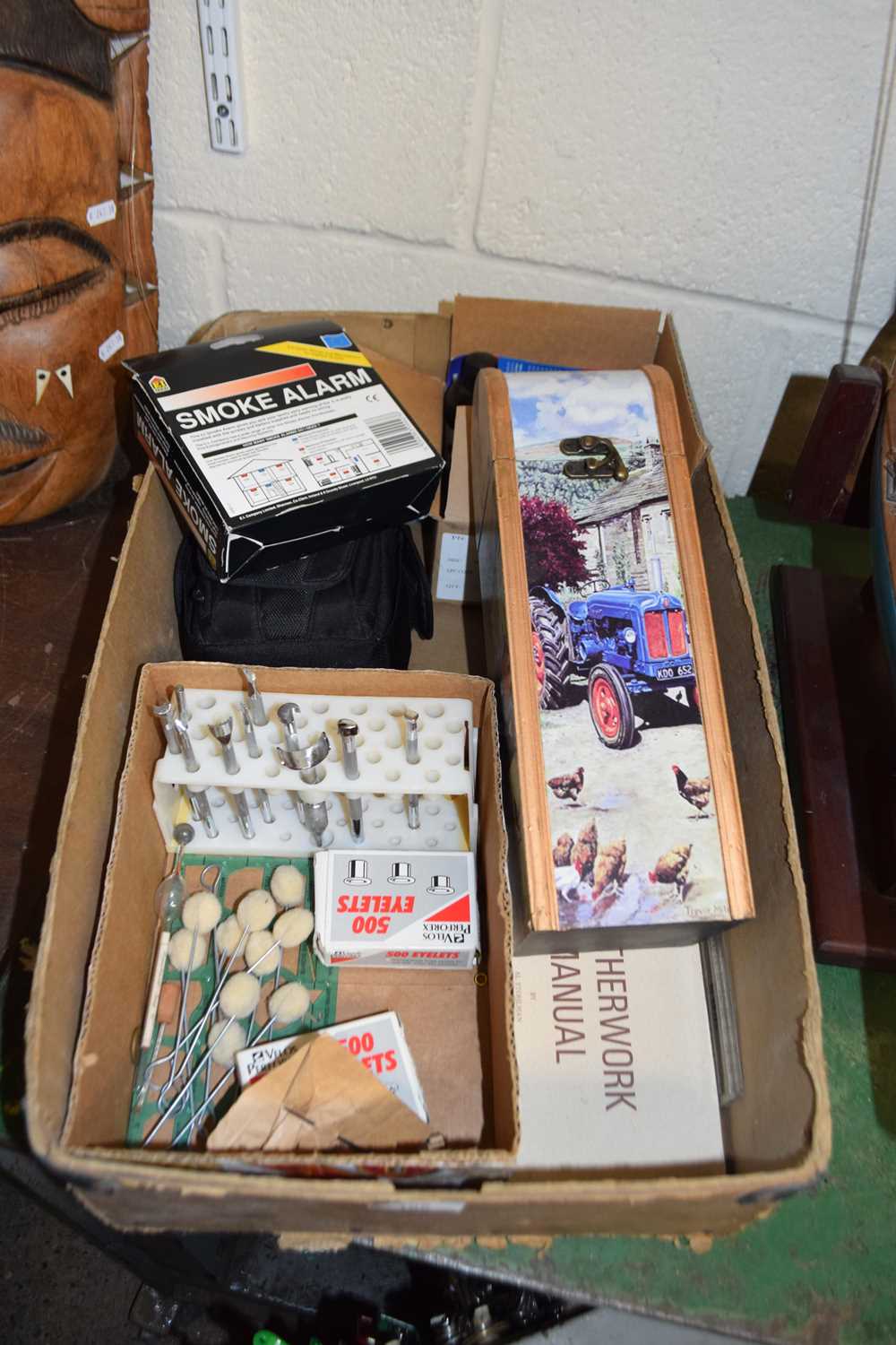 Box of assorted items to include artists inks, smoke alarm, leather work tools etc