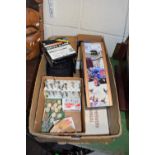 Box of assorted items to include artists inks, smoke alarm, leather work tools etc