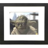 A framed and glazed 8x10 film still of Yoda from Star Wars, bearing the signature of Frank Oz in