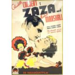 A large framed film poster for Zaza featuring Claudette Colbert as Zaza and Herbert Marshall as