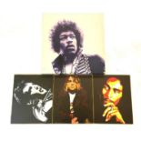 Mixed lot of music interest, to include: - Small printed canvas of Jimi Hendrix - 3 x small wood