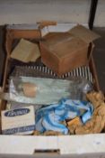 Box of mixed items to include assorted vintage matches, vintage packets of Silver Silk and Bronco