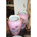 Pair of large late 19th Century pink and floral decorated vases