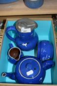 Four piece blue glazed tea set decorated with seagulls, marked 'Sudlo & Sons'