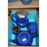 Four piece blue glazed tea set decorated with seagulls, marked 'Sudlo & Sons'