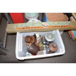 Box of various items to include oil lamp base, stone ware ink bottle, vintage cricket game etc