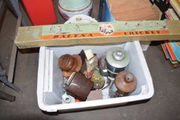 Box of various items to include oil lamp base, stone ware ink bottle, vintage cricket game etc