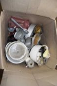 Large box of various assorted kitchen accessories, pressure cooker etc