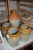 Stoneware flagon, unbranded and three stoneware kitchen jars