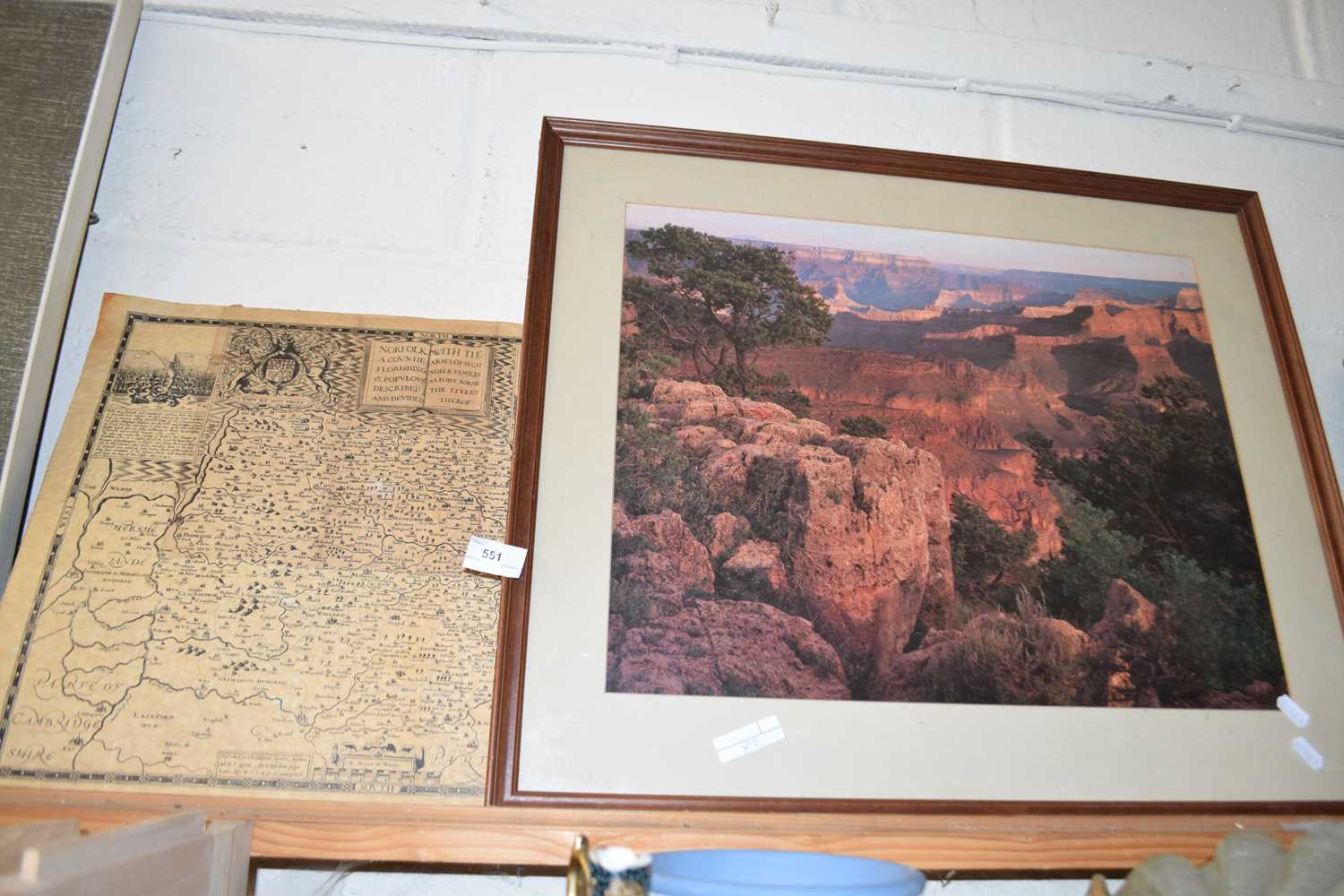 Reproduction black and white map of Norfolk together with a framed photograph of the Grand Canyon