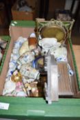 Box of various mixed items to include a small brass table gong, various ornaments, vases etc