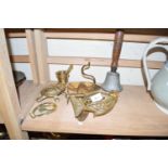 Mixed Lot: Brass model Spitfire on stand, hand bell, various other assorted brass ornaments