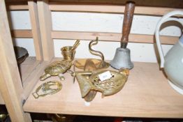 Mixed Lot: Brass model Spitfire on stand, hand bell, various other assorted brass ornaments