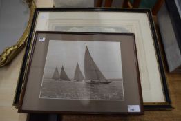 BLACK AND WHITE PHOTOGRAPHIC PRINT, COWS REGATTA TOGETHER WITH A FURTHER COLOURED ENGRAVING,