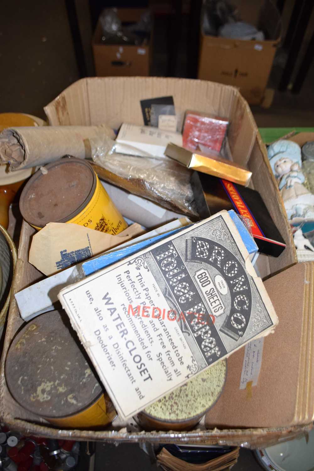 Box of various mixed items to include packets of vintage cigarettes, vintage tobacco tins and