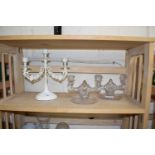 Pair of clear glass candlesticks together with a modern cream painted metal candleabra (3)