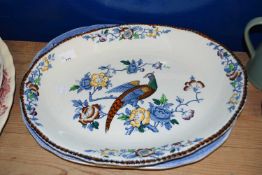 Large blue and white Willow pattern meat plate together with a further pheasant decorated meat
