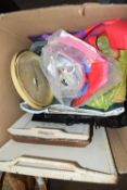One box of mixed wares, serving trays, wall clock, household sundries etc