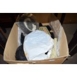 Box of various vintage hats, clothing, furs etc