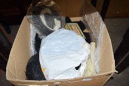 Box of various vintage hats, clothing, furs etc