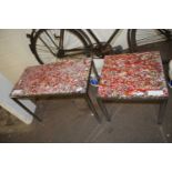 Two retro chrome framed coffee tables with paint splattered finish tops