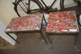 Two retro chrome framed coffee tables with paint splattered finish tops