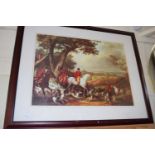 Coloured print, fox hunting scene, framed and glazed