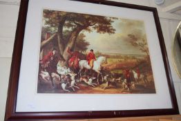 Coloured print, fox hunting scene, framed and glazed