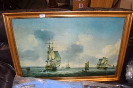 COLOURED PRINT SHIPPING SCENE, GILT FRAMED