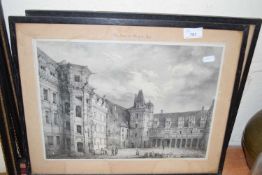 Pair of black and white engravings, French Chateau scenes