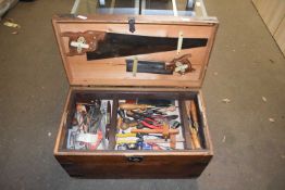 Wooden tool box containing large assortment of various wood working tools