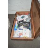 Large wooden cigar box containing various assorted ephemera