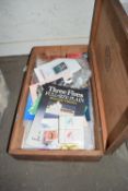 Large wooden cigar box containing various assorted ephemera