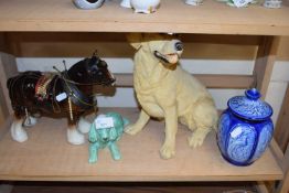 Mixed Lot: Sylvac model dog, Sylvac covered jar, a further resin model dog and a pottery cart