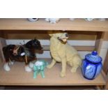 Mixed Lot: Sylvac model dog, Sylvac covered jar, a further resin model dog and a pottery cart