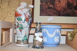 Mixed lot comprising a Wedgwood Jasper ware jardiniere, a Oriental crackle glazed baluster vase