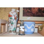 Mixed lot comprising a Wedgwood Jasper ware jardiniere, a Oriental crackle glazed baluster vase