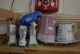 Rye pottery, various model animals, mugs and plate and a further Poole elephant