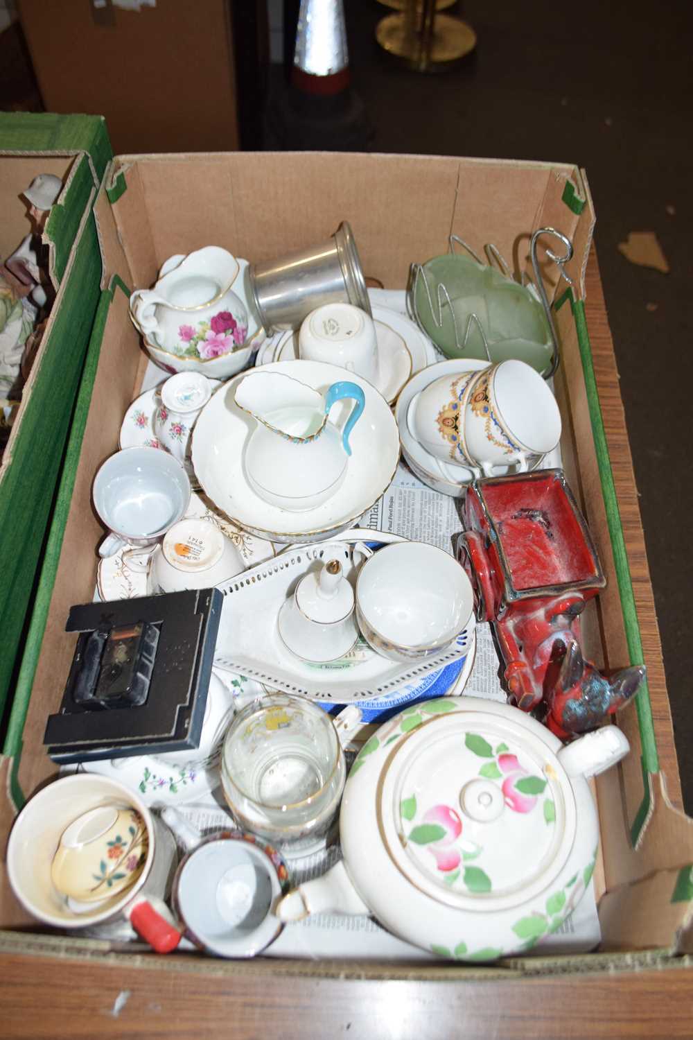 Box of various assorted tea wares, ornaments, small clock etc