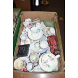 Box of various assorted tea wares, ornaments, small clock etc