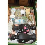 One box of assorted items to include a pair of large black floral decorated vases plus various