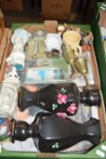 One box of assorted items to include a pair of large black floral decorated vases plus various